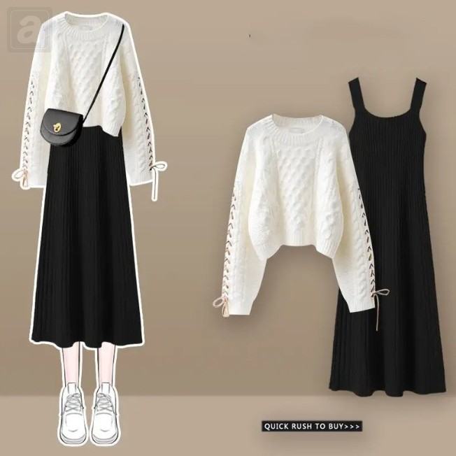 白色/毛衣+黑色/洋裝/兩件套