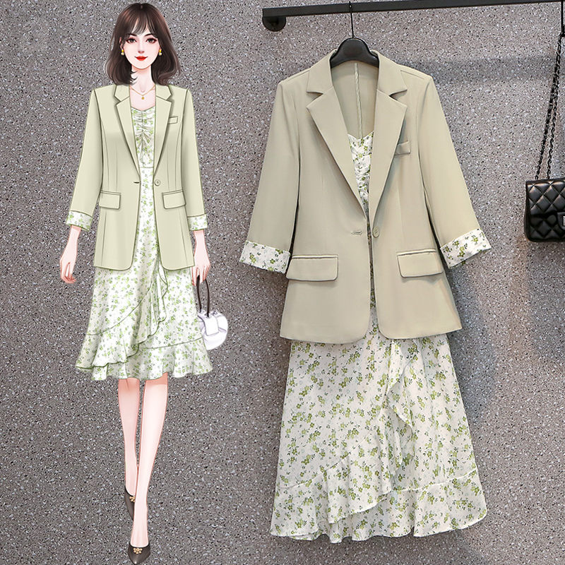 綠色/西裝外套+綠色/短洋裝/兩件套