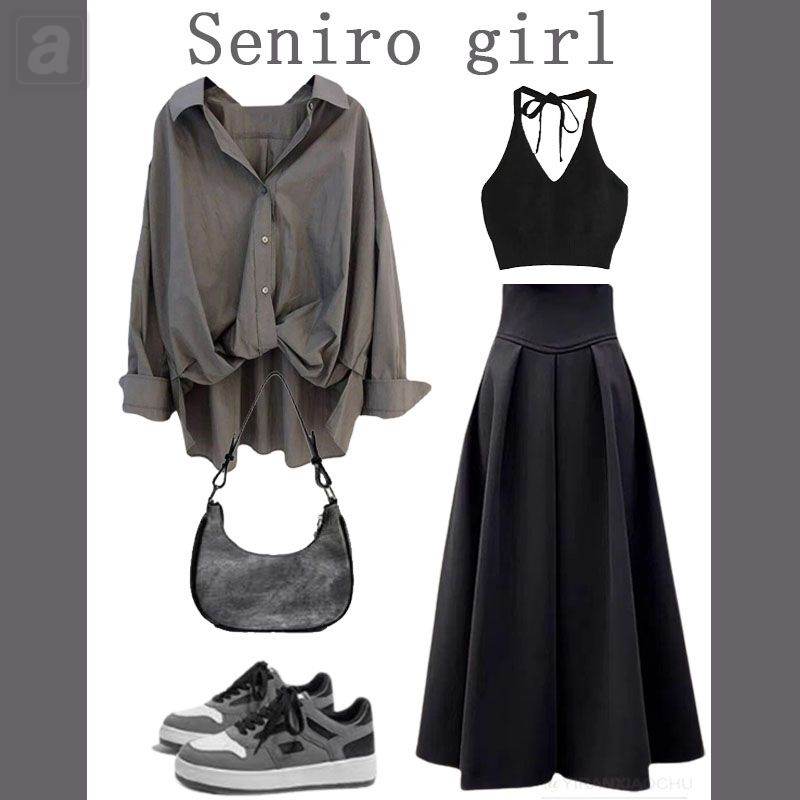 灰色/襯衫+黑色/吊帶+黑色/半身裙