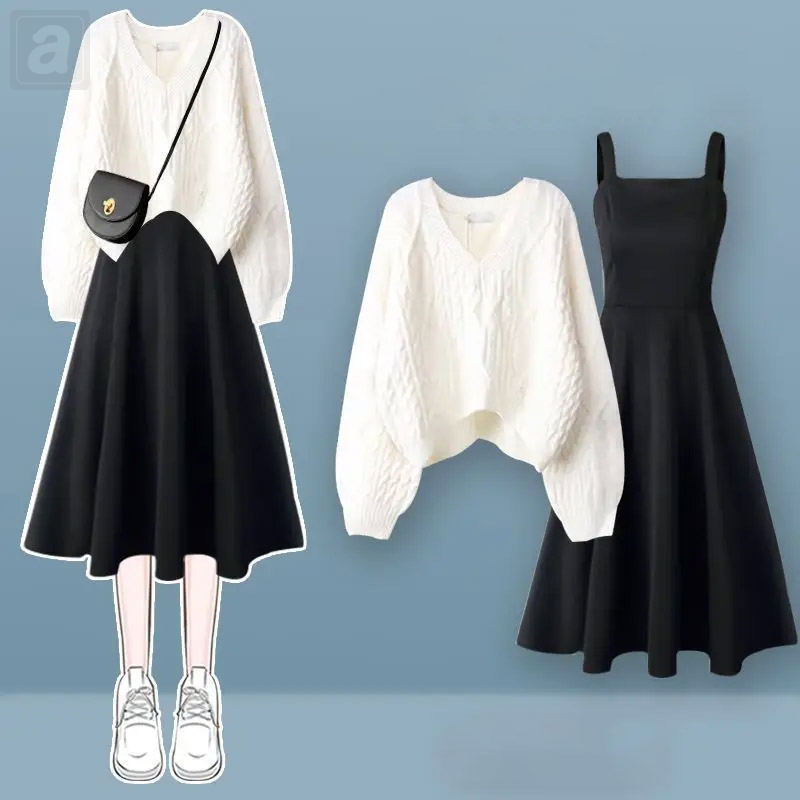 白色/毛衣+黑色/洋装