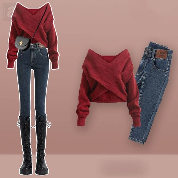 紅色毛衣+牛仔褲