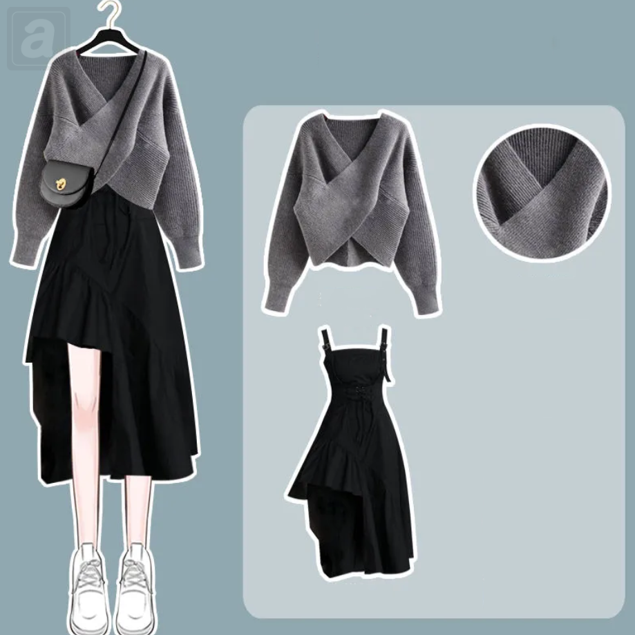 灰色/毛衣+黑色/洋裝