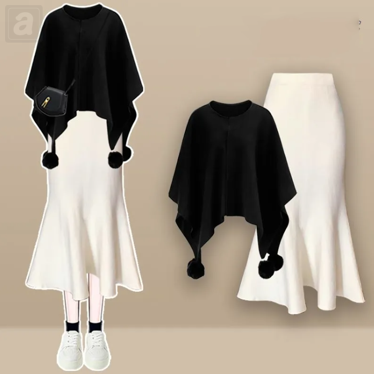 黑色/披肩+白色/半身裙類