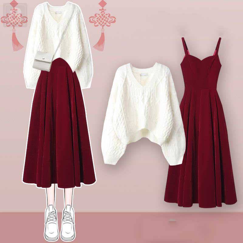 白色毛衣+紅色吊帶裙