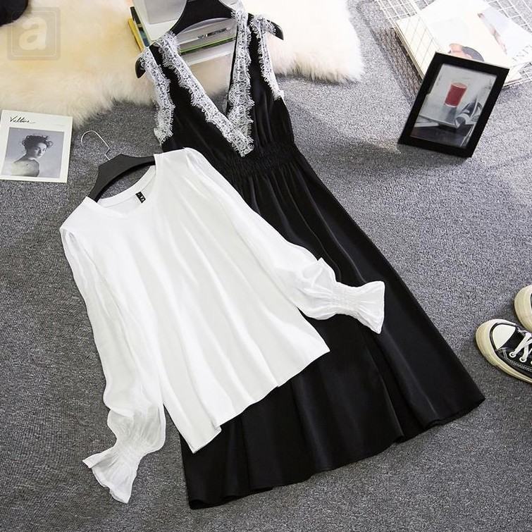 黑色/連衣裙+白色/上衣