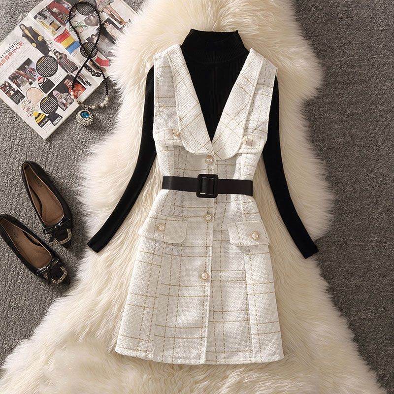 白色/背帶裙+黑色/針織