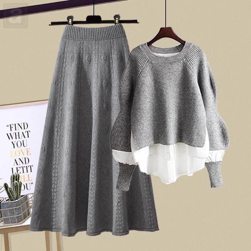 灰色毛衣+灰色半身裙