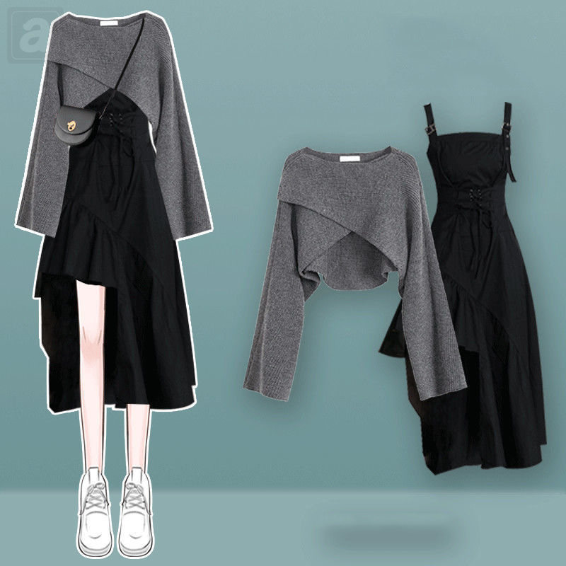 灰色/針織+黑色/洋裝