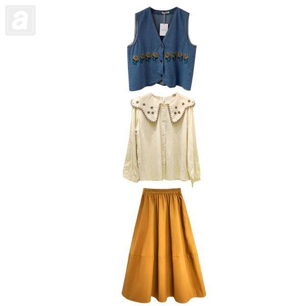 杏色/襯衫+藍色/馬甲+棕色/半身裙類