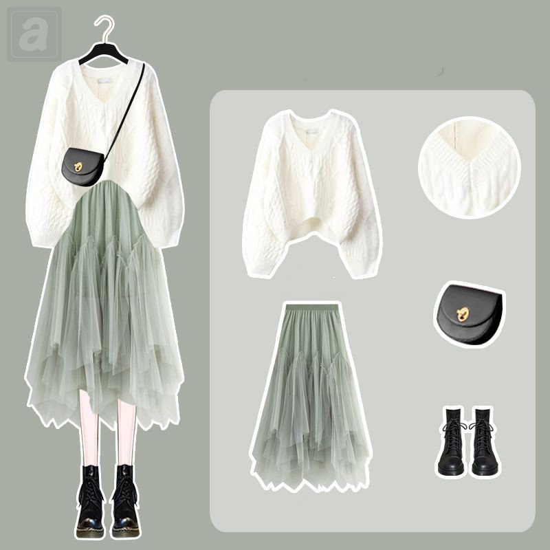 白色毛衣+綠色半身裙/套裝