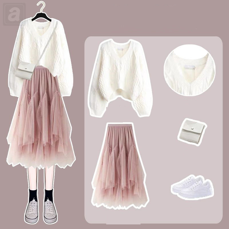 白色毛衣+粉色半身裙/套裝