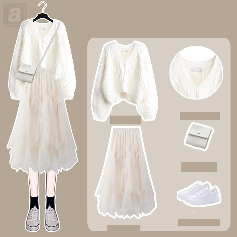 白色毛衣+杏色半身裙/套裝