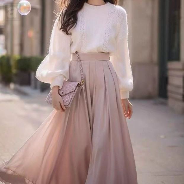 白色/毛衣+粉色/半身裙類