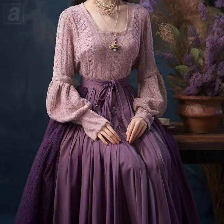 紫色/毛衣+紫色/半身裙類