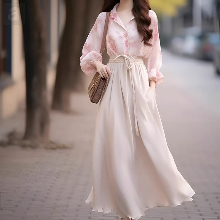 粉色/襯衫+杏色半身裙