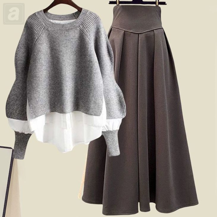 灰色毛衣+咖色半身裙