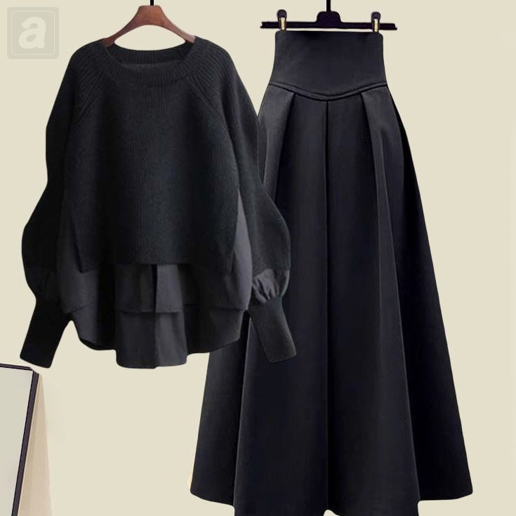 黑色毛衣+黑色半身裙