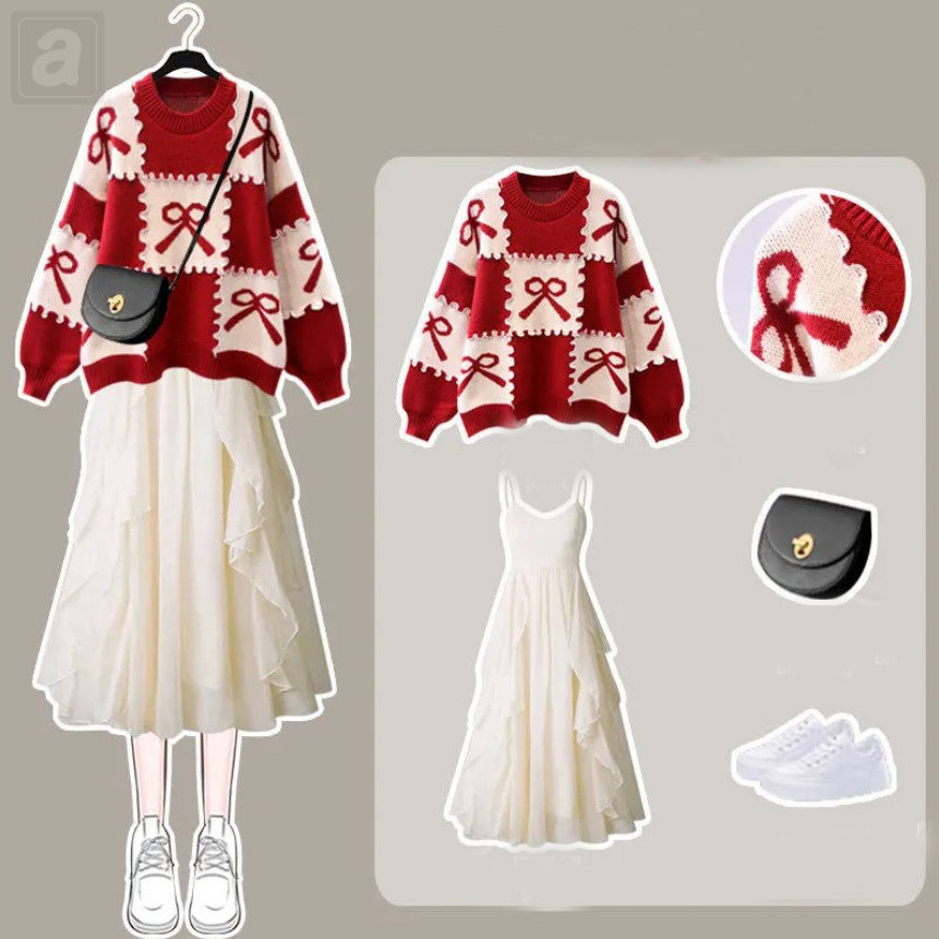 紅色/毛衣+白色/吊帶裙