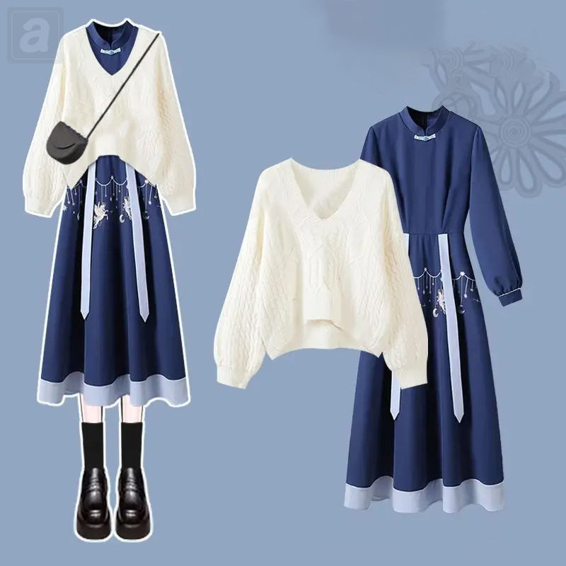 白色/毛衣+藍色/洋裝