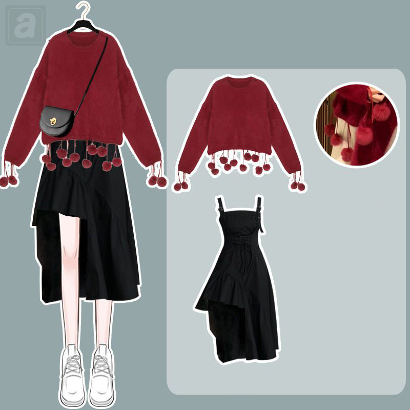 紅色/針織+黑色/背帶洋裝