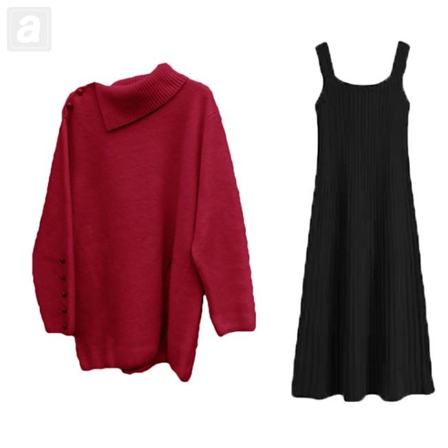 紅色毛衣+黑色連衣裙
