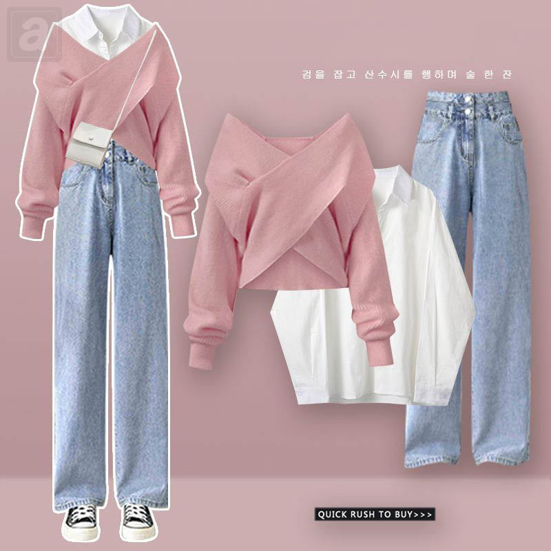 粉色針織+白色襯衫+藍色牛仔褲