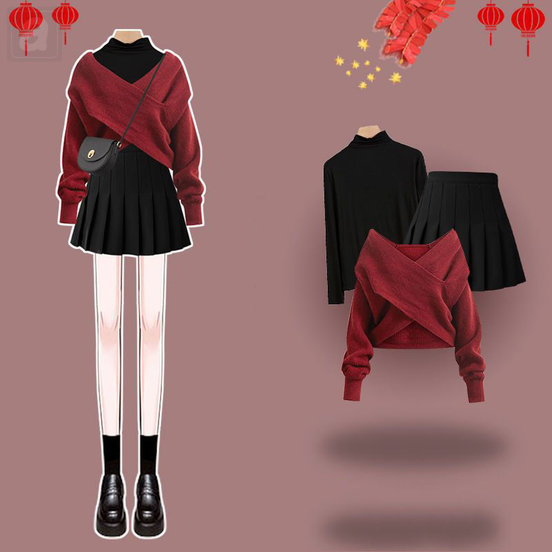 紅色/毛衣+黑色/打底衫+黑色/半身裙類
