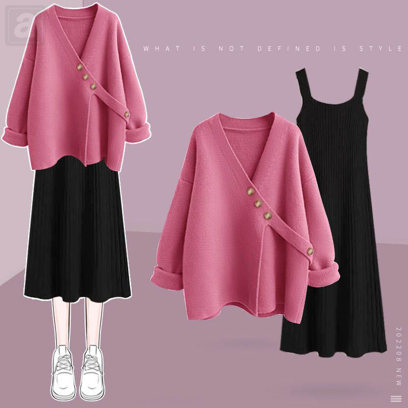 粉色/毛衣+黑色/洋裝