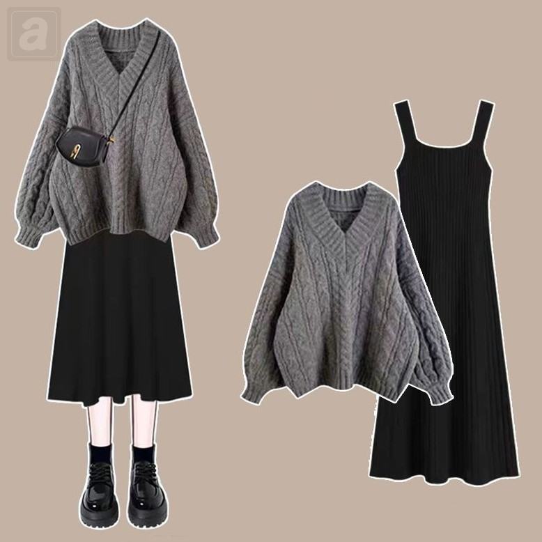 灰色毛衣+黑色裙類/套裝