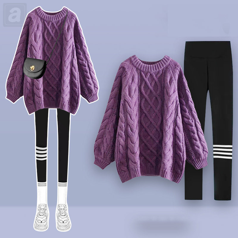 紫色/毛衣+黑色/休閑褲