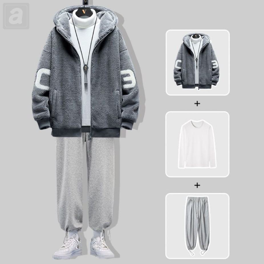 灰色/夾克+白色/T恤+灰色/休閒褲