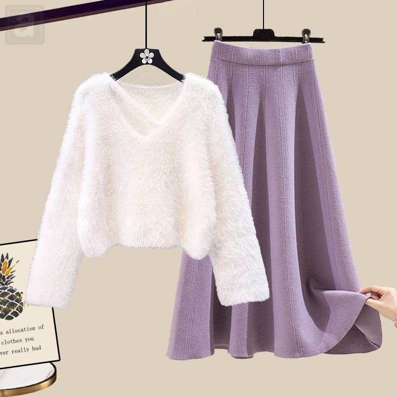 米白色/毛衣+紫色/半身裙