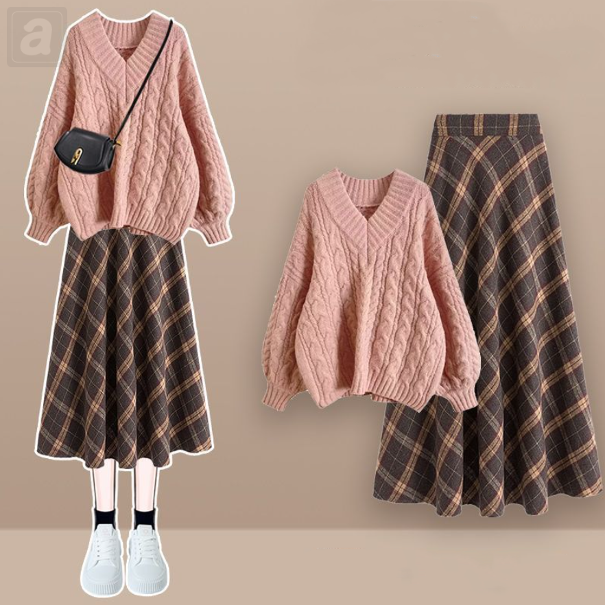 粉色毛衣+格紋半身裙