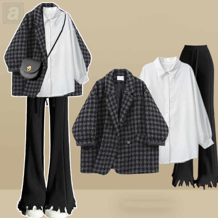 灰色/外套+白色/襯衫+黑色/休閒褲