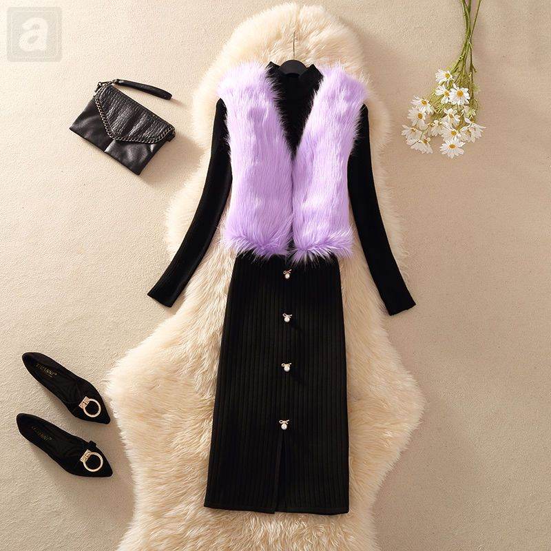 紫色/馬甲+黑色/毛衣+黑色/半身裙