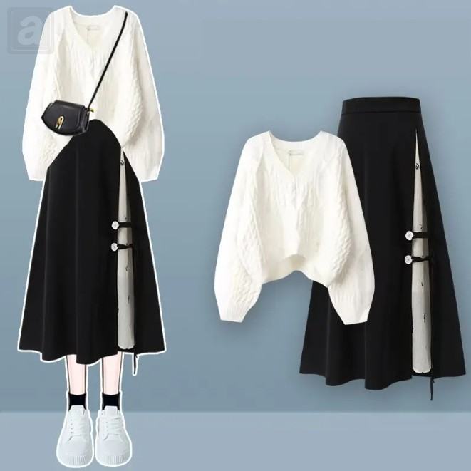 白色/毛衣+黑色/半身裙