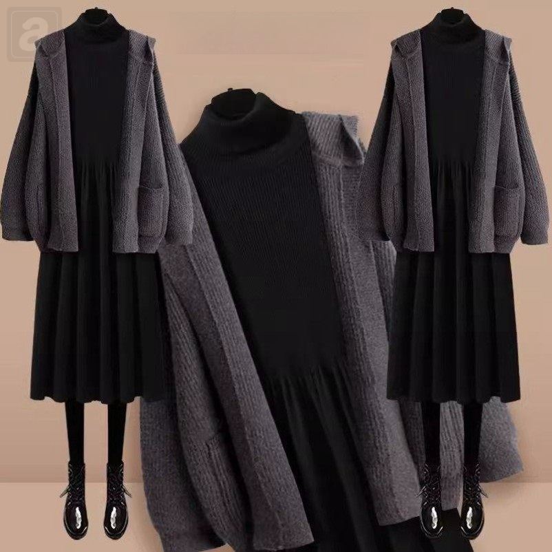 灰色/針織開衫+黑色/洋裝