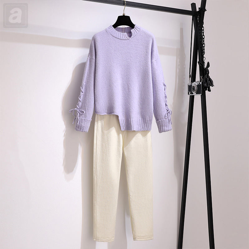 紫色毛衣+杏色褲子