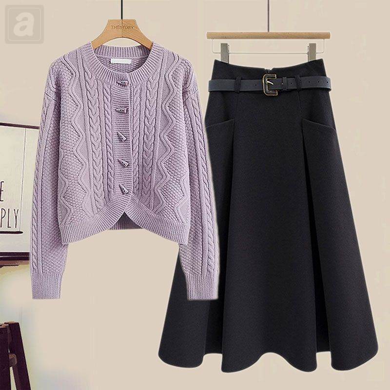 紫色/罩衫+黑色/半身裙