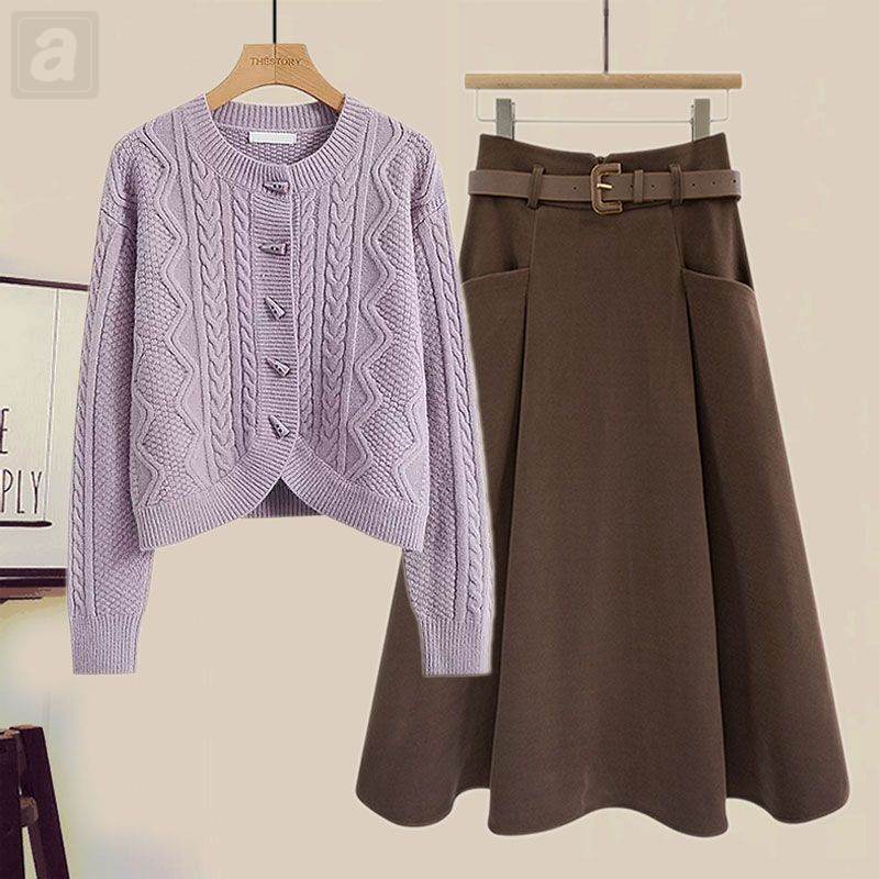 紫色/罩衫+咖色/半身裙