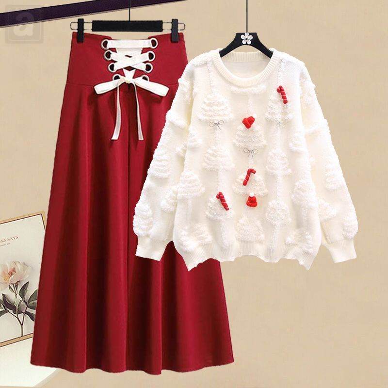 白色毛衣+紅色半身裙/套裝