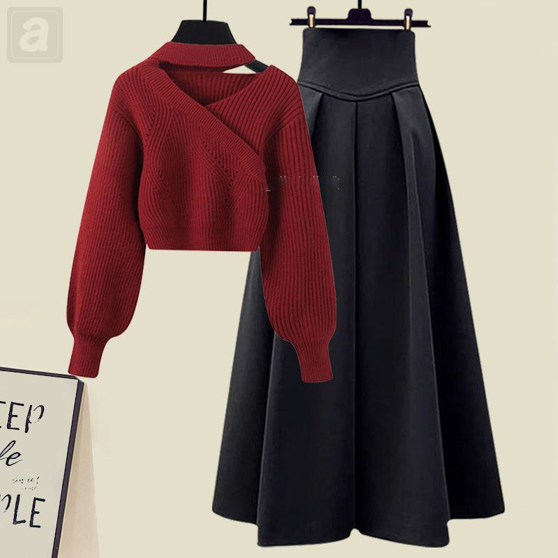 紅色毛衣+黑色半身裙 /两件套