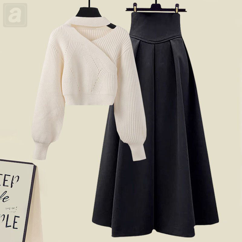 白色毛衣+黑色半身裙/两件套