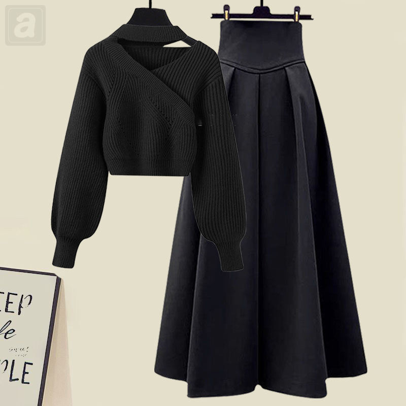 黑色毛衣+黑色半身裙 /两件套