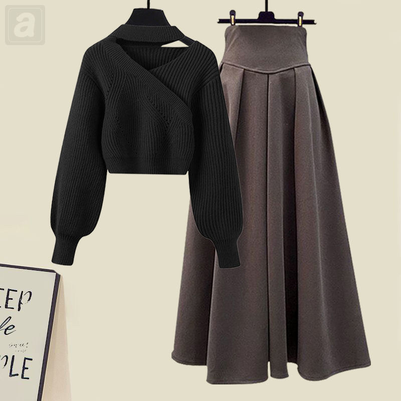 黑色毛衣+咖色半身裙 /两件套