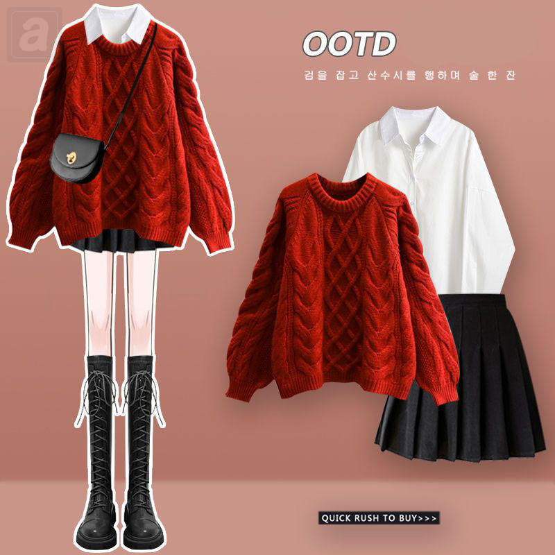 紅色毛衣+襯衫+百褶裙/三件套