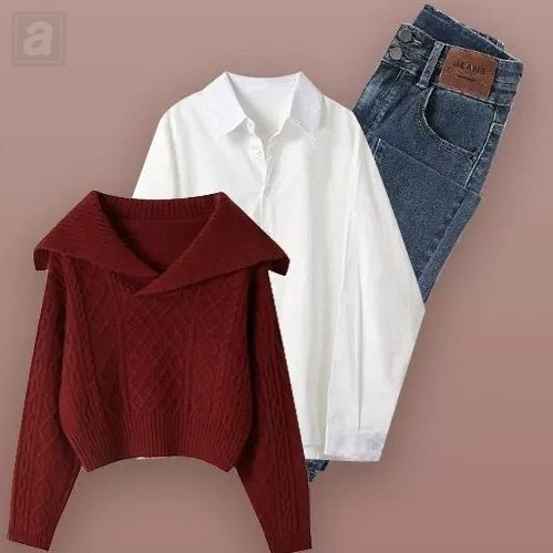白色/襯衫+紅色/毛衣+藍色/牛仔褲