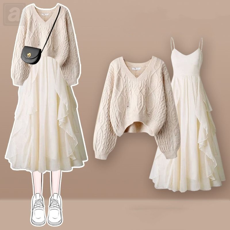 杏色毛衣+白色連衣裙