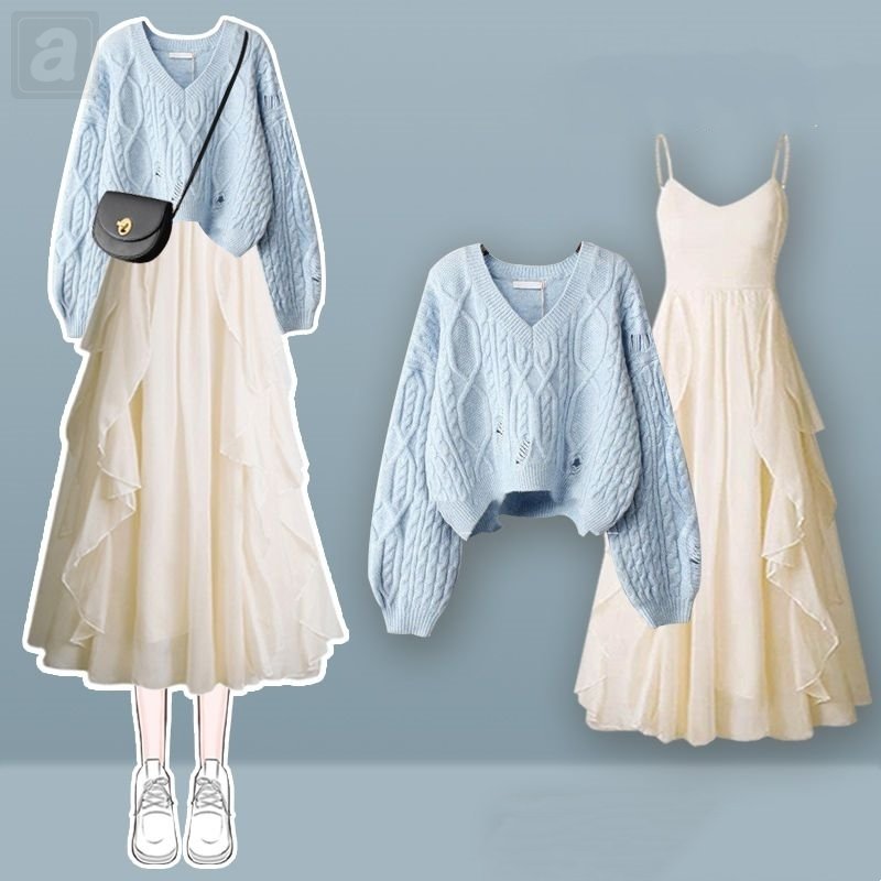 藍色毛衣+白色連衣裙