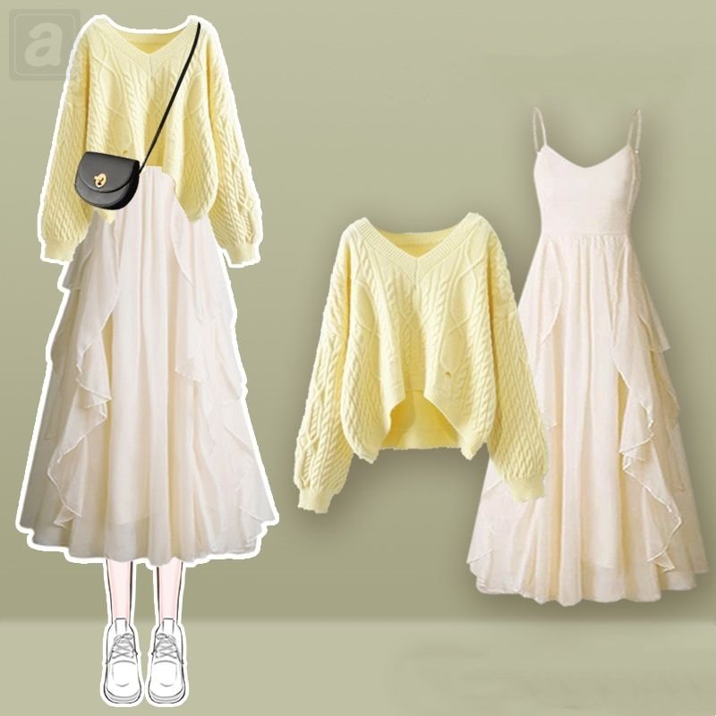 黃色毛衣+白色連衣裙